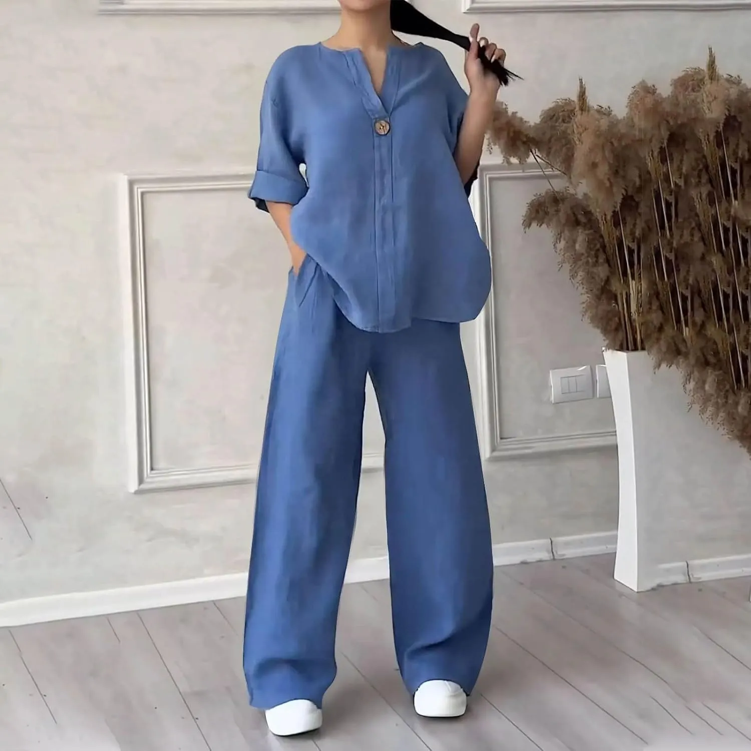 Womens Casual 2 Piece Outfits Cotton Linen Matching Suits V Neck Button Tops Wide Leg Pants Summer Lounge Beach Sets