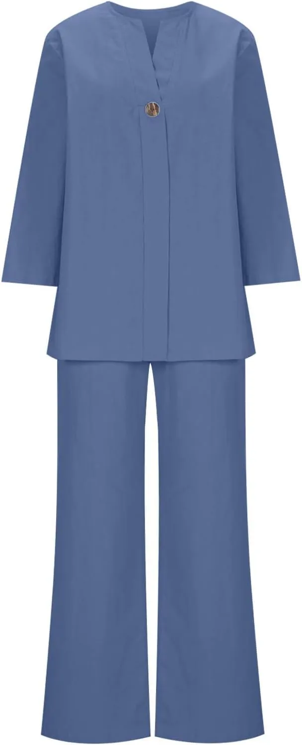 Womens Casual 2 Piece Outfits Cotton Linen Matching Suits V Neck Button Tops Wide Leg Pants Summer Lounge Beach Sets