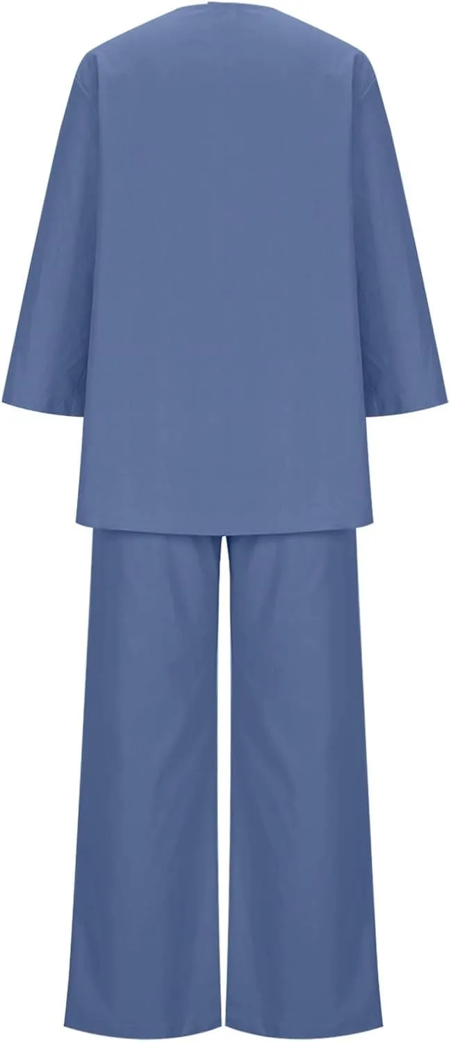 Womens Casual 2 Piece Outfits Cotton Linen Matching Suits V Neck Button Tops Wide Leg Pants Summer Lounge Beach Sets