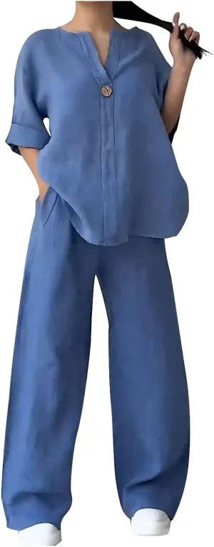 Womens Casual 2 Piece Outfits Cotton Linen Matching Suits V Neck Button Tops Wide Leg Pants Summer Lounge Beach Sets
