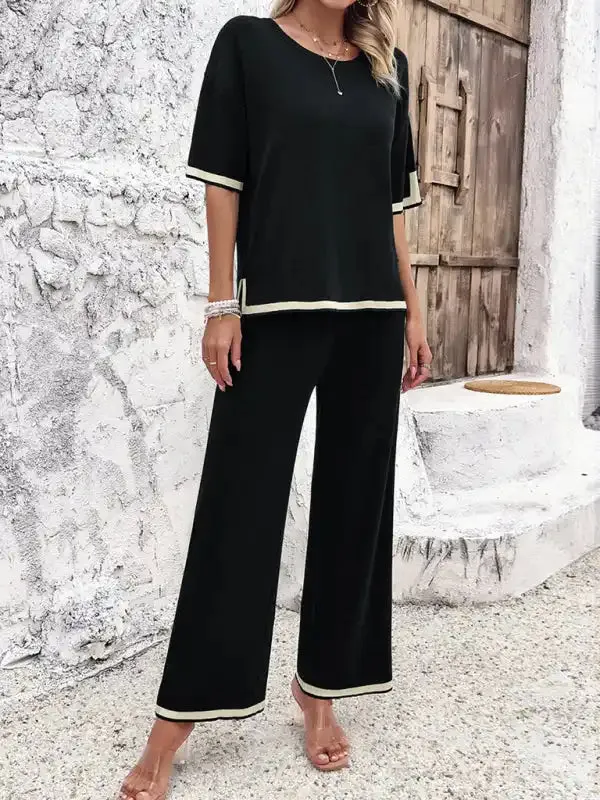 Women’s casual color-blocked short-sleeved trousers knitted two-piece set