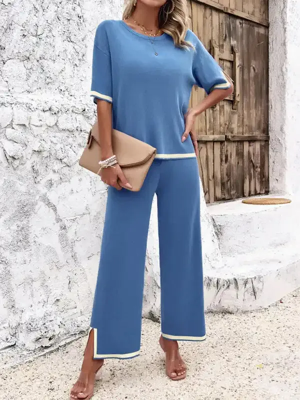 Women’s casual color-blocked short-sleeved trousers knitted two-piece set