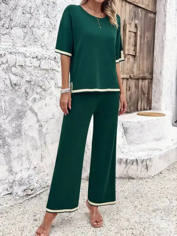 Women’s casual color-blocked short-sleeved trousers knitted two-piece set