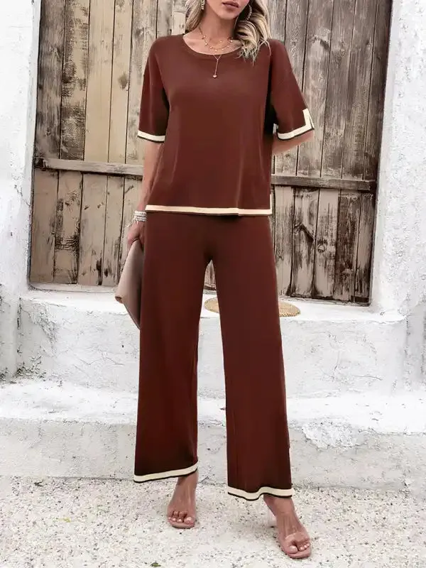 Women’s casual color-blocked short-sleeved trousers knitted two-piece set