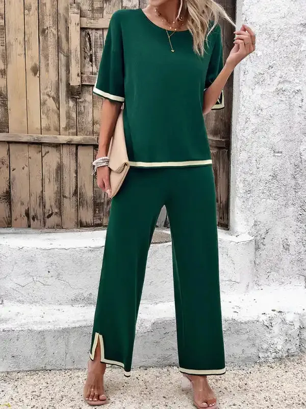Women’s casual color-blocked short-sleeved trousers knitted two-piece set