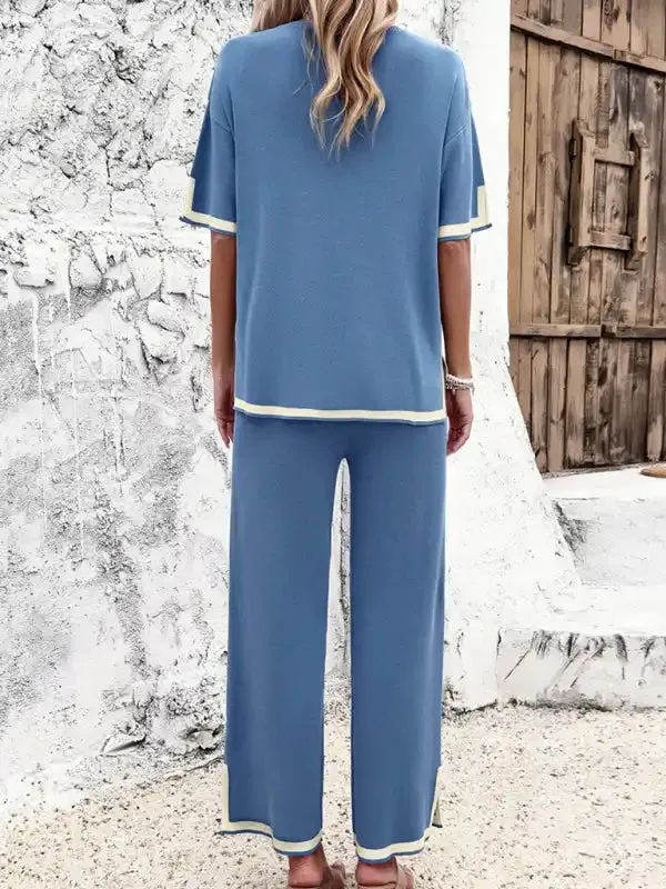 Women’s casual color-blocked short-sleeved trousers knitted two-piece set