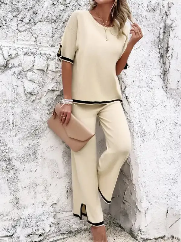 Women’s casual color-blocked short-sleeved trousers knitted two-piece set