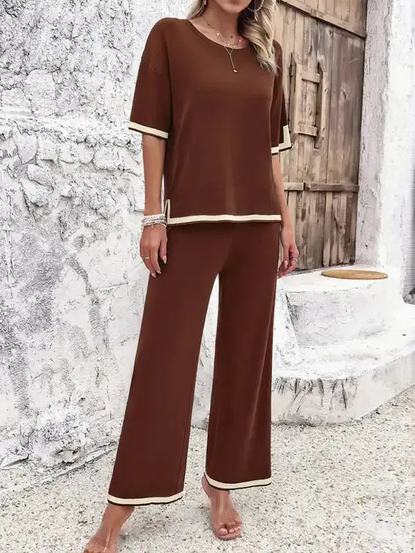Women’s casual color-blocked short-sleeved trousers knitted two-piece set