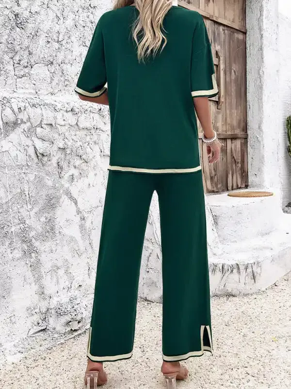 Women’s casual color-blocked short-sleeved trousers knitted two-piece set
