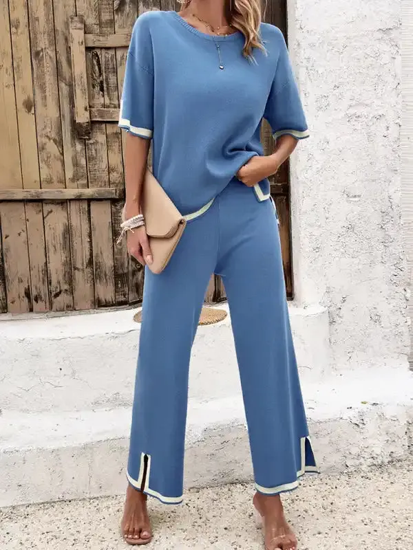 Women’s casual color-blocked short-sleeved trousers knitted two-piece set