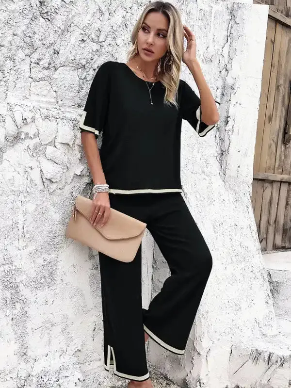 Women’s casual color-blocked short-sleeved trousers knitted two-piece set