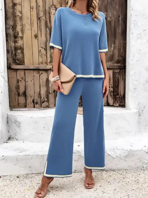 Women’s casual color-blocked short-sleeved trousers knitted two-piece set