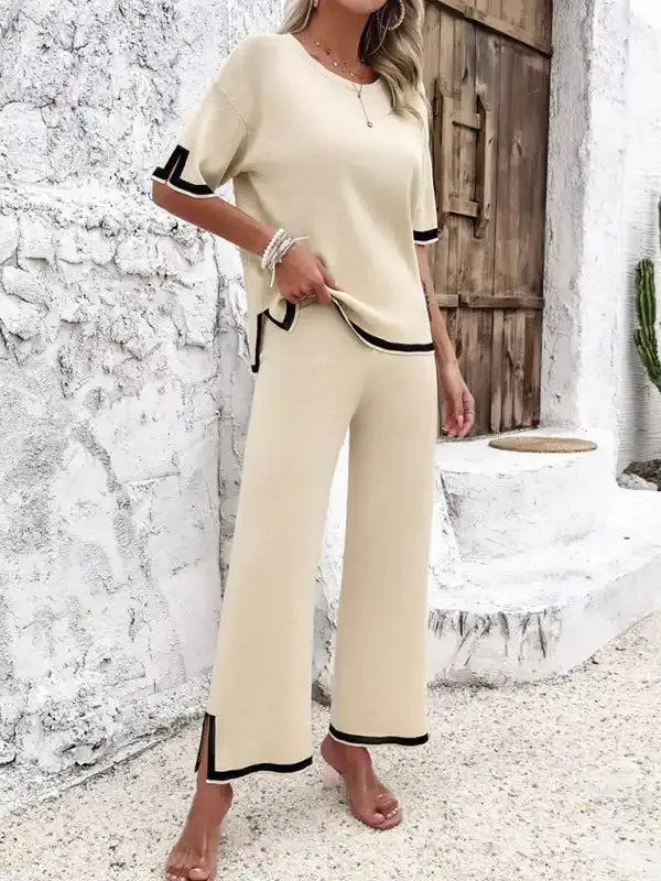 Women’s casual color-blocked short-sleeved trousers knitted two-piece set