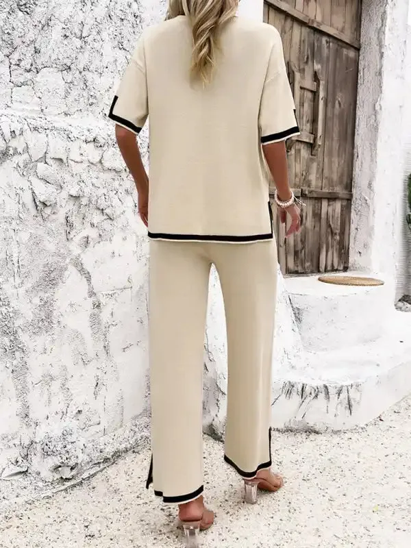 Women’s casual color-blocked short-sleeved trousers knitted two-piece set