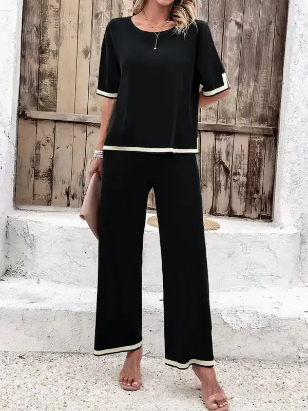 Women’s casual color-blocked short-sleeved trousers knitted two-piece set