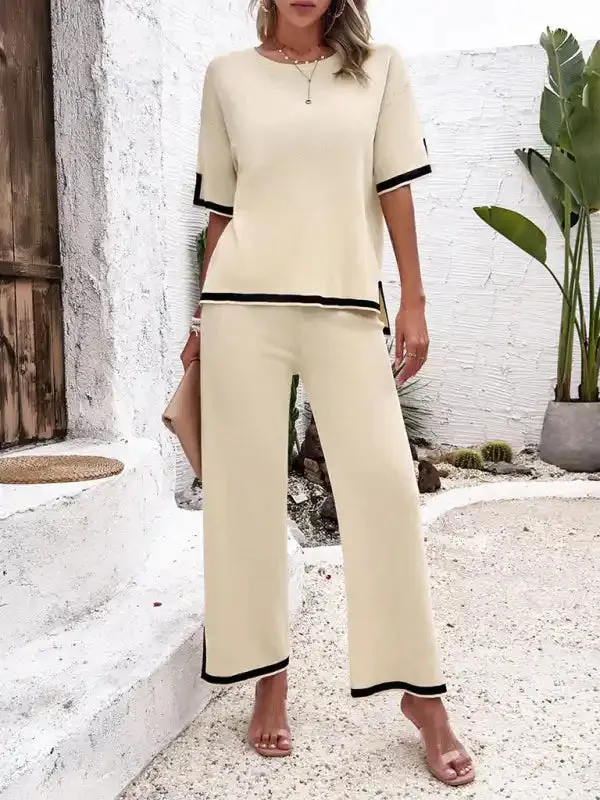 Women’s casual color-blocked short-sleeved trousers knitted two-piece set