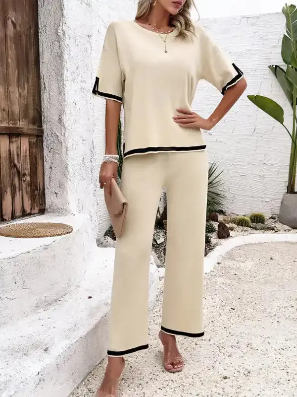 Women’s casual color-blocked short-sleeved trousers knitted two-piece set