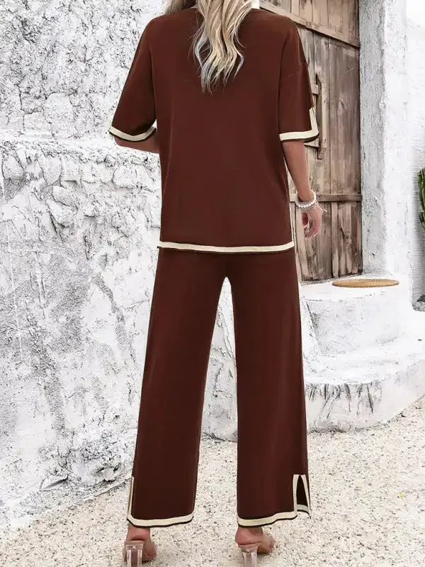 Women’s casual color-blocked short-sleeved trousers knitted two-piece set