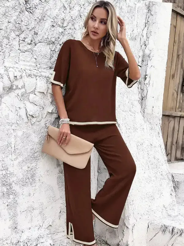 Women’s casual color-blocked short-sleeved trousers knitted two-piece set