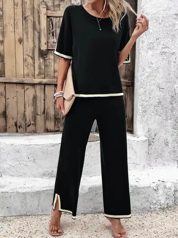 Women’s casual color-blocked short-sleeved trousers knitted two-piece set