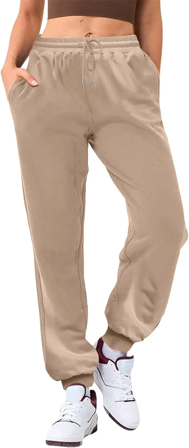 Women's Casual Elastic High Waist Running Sweatpants Business Casual Solid Color Cotton Soft Comfy Trousers Straight Leg Pant