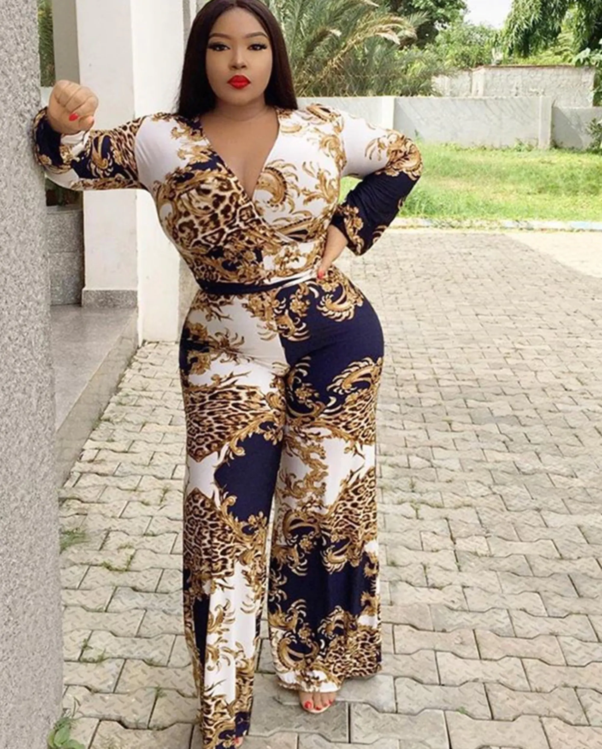 Women's Casual Skinny Long-Sleeved Jumpsuit With Print