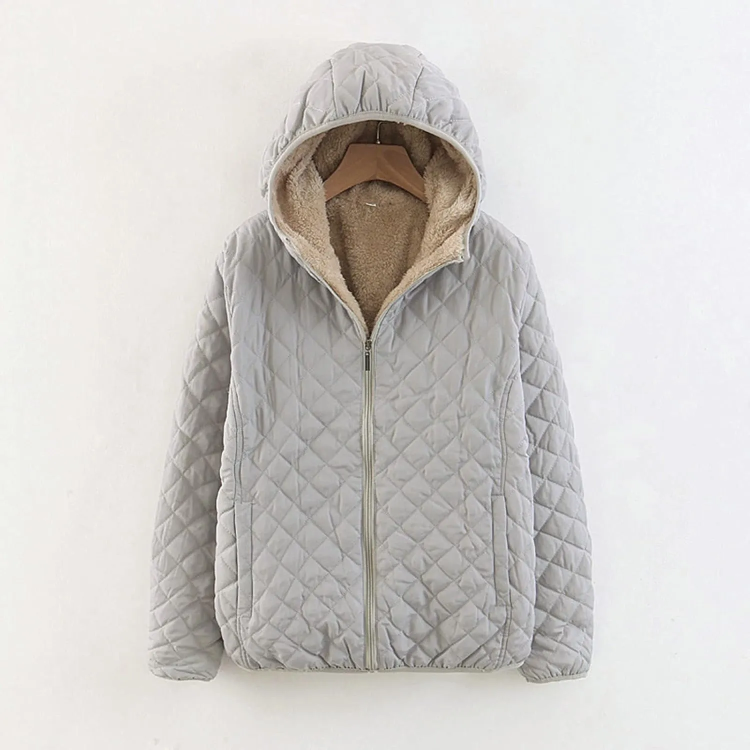 Womens Classic Solid Zip Up Fleece Coat Long Sleeve Hooded Pocket Overcoat Insulated Loose Slim Jacket Winter Outfits