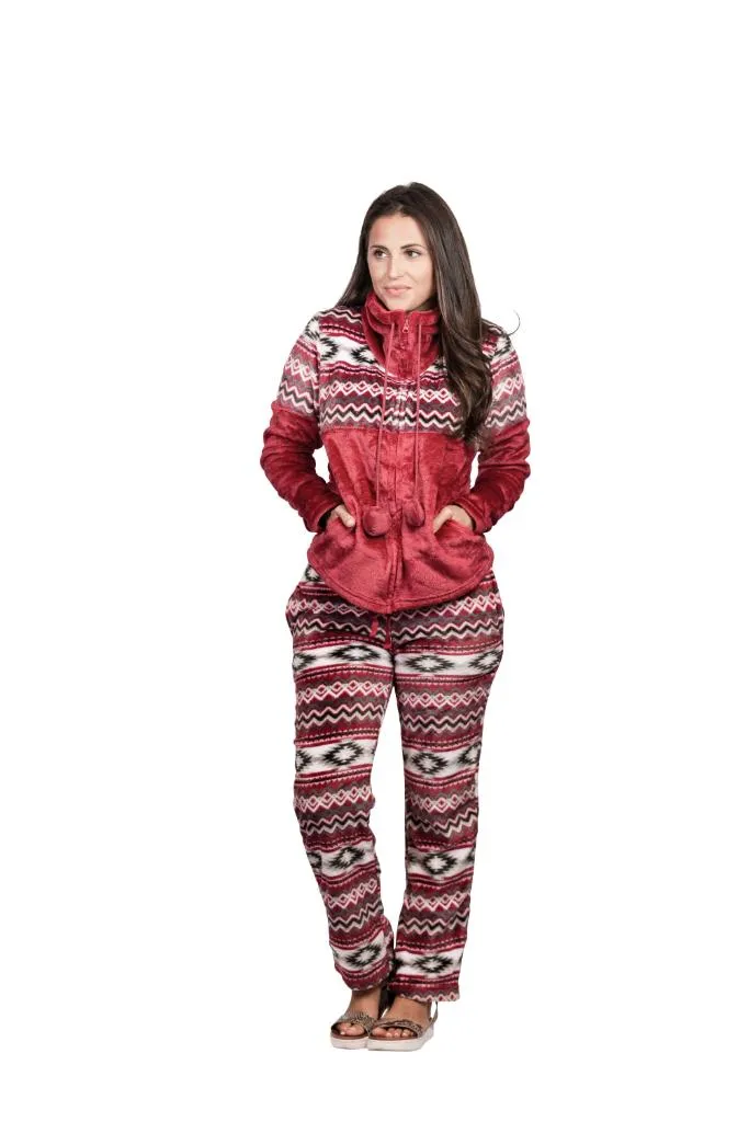 Womens Comfy Fleece Aztec Lounge Set, Long Sleeve 2 Piece Velour Quarter Zip Top and Pants