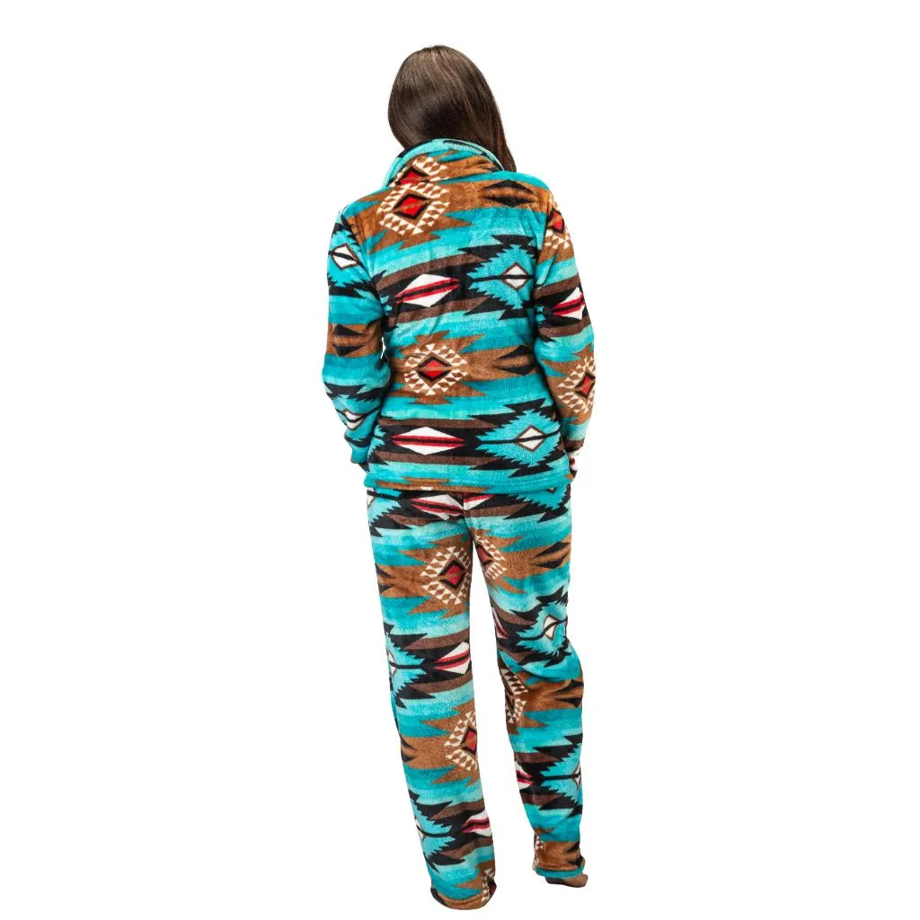 Womens Comfy Fleece Aztec Lounge Set, Long Sleeve 2 Piece Velour Quarter Zip Top and Pants