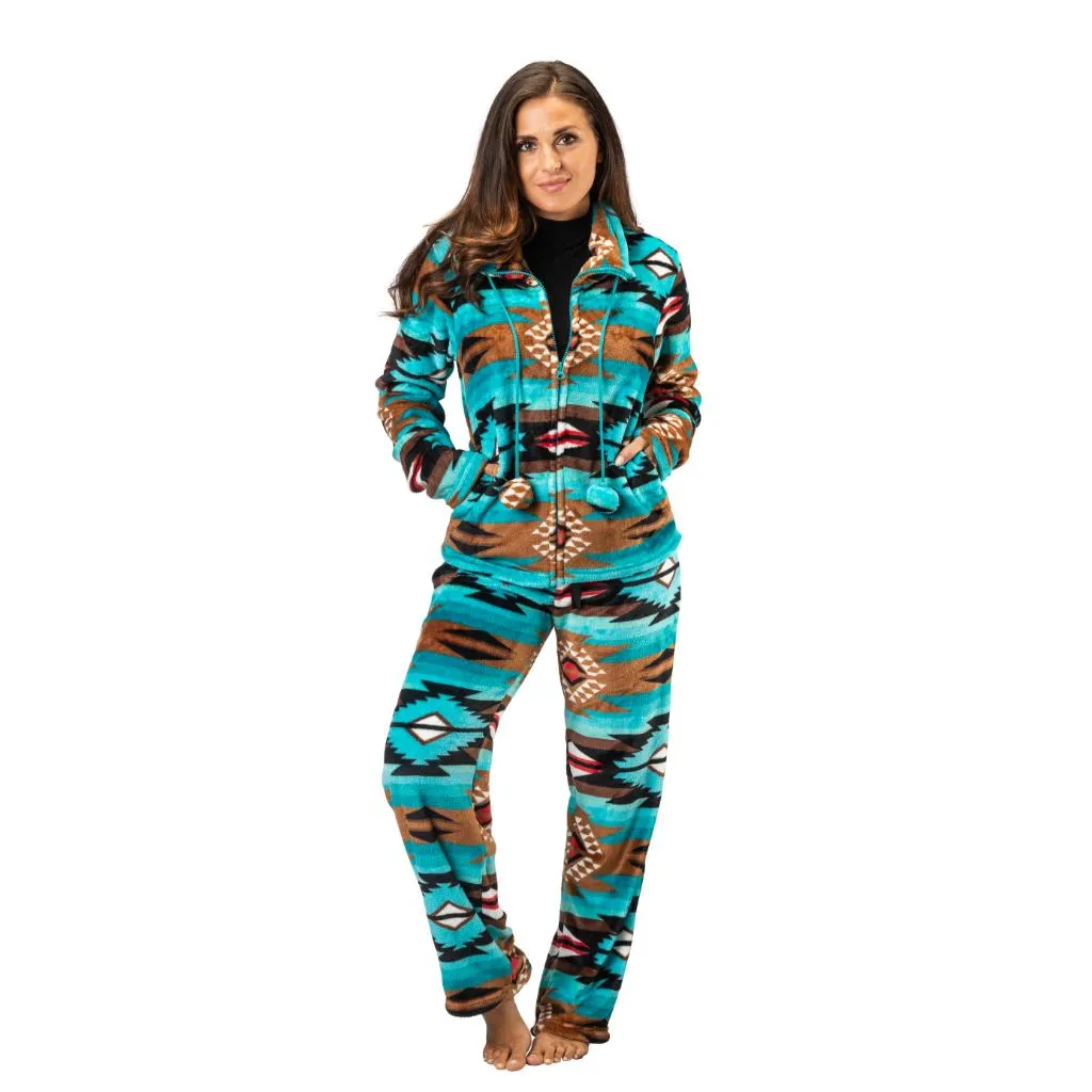 Womens Comfy Fleece Aztec Lounge Set, Long Sleeve 2 Piece Velour Quarter Zip Top and Pants