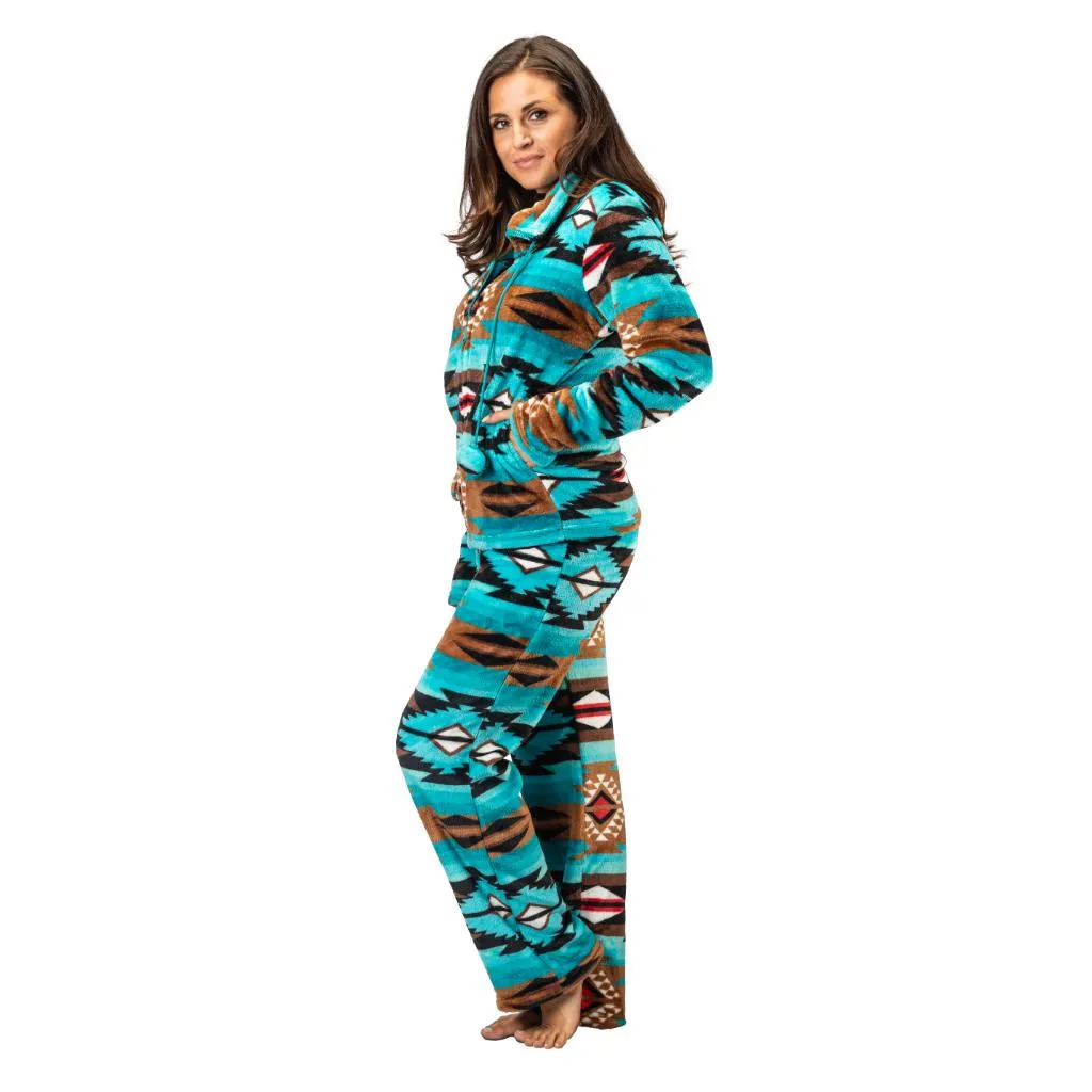 Womens Comfy Fleece Aztec Lounge Set, Long Sleeve 2 Piece Velour Quarter Zip Top and Pants