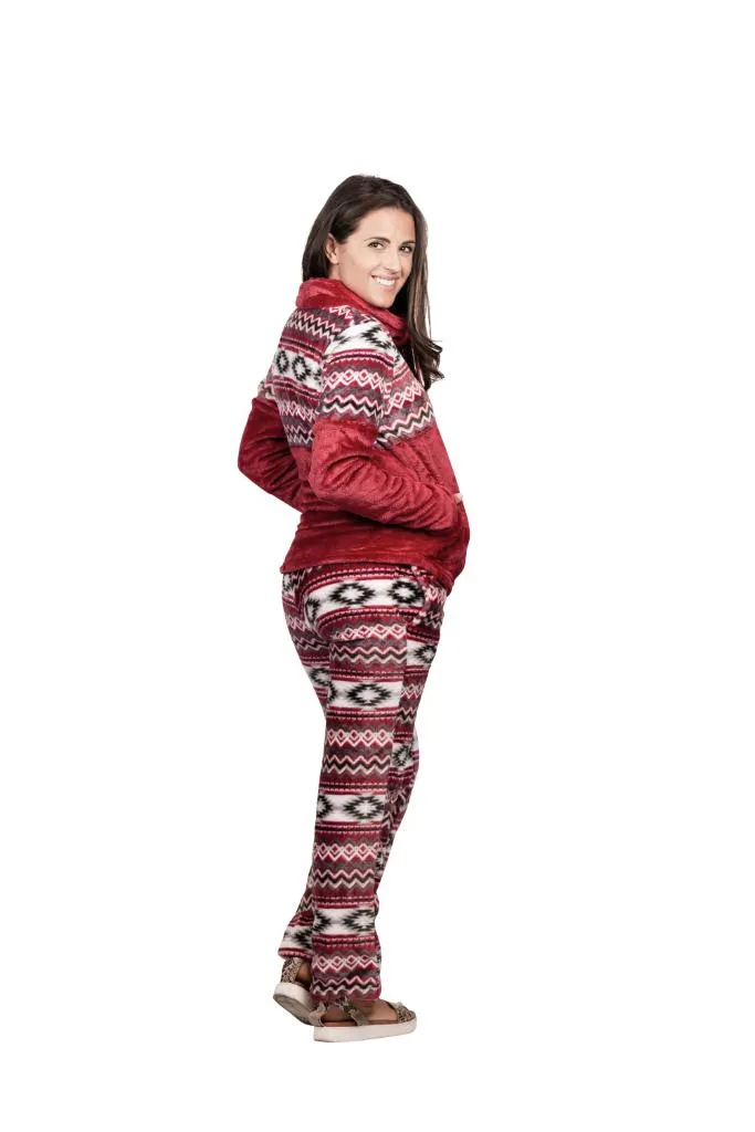 Womens Comfy Fleece Aztec Lounge Set, Long Sleeve 2 Piece Velour Quarter Zip Top and Pants