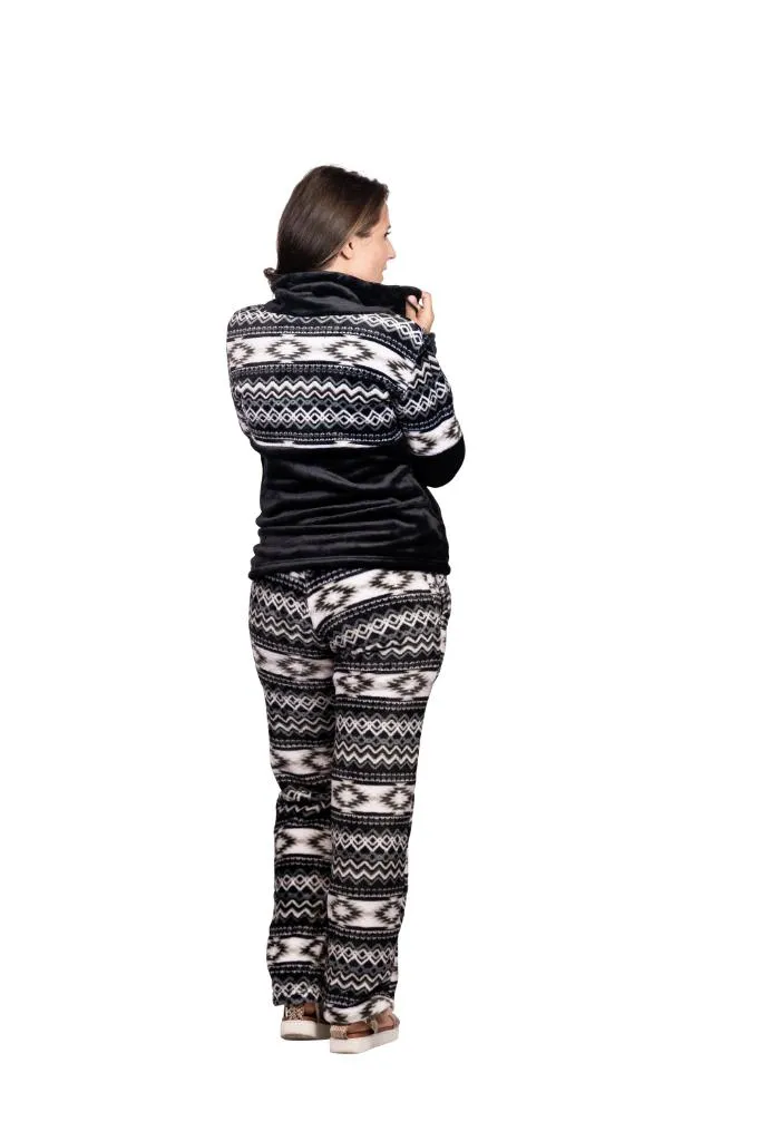 Womens Comfy Fleece Aztec Lounge Set, Long Sleeve 2 Piece Velour Quarter Zip Top and Pants