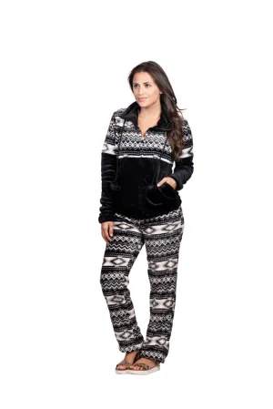 Womens Comfy Fleece Aztec Lounge Set, Long Sleeve 2 Piece Velour Quarter Zip Top and Pants