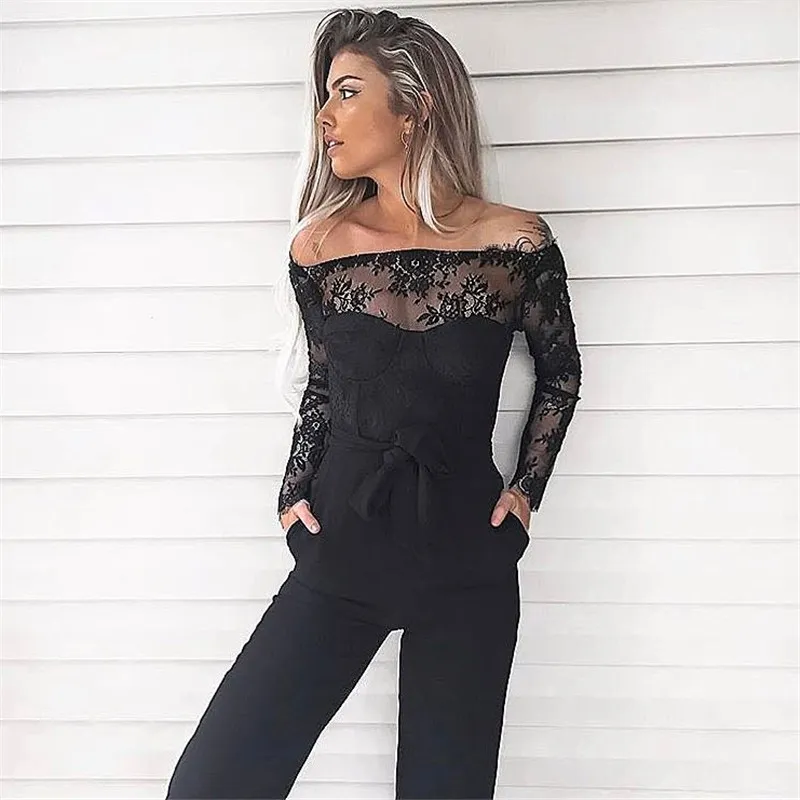 Women's Cotton A-Line Long-Sleeved Jumpsuit With Lace