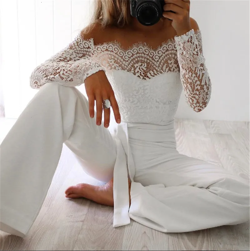 Women's Cotton A-Line Long-Sleeved Jumpsuit With Lace