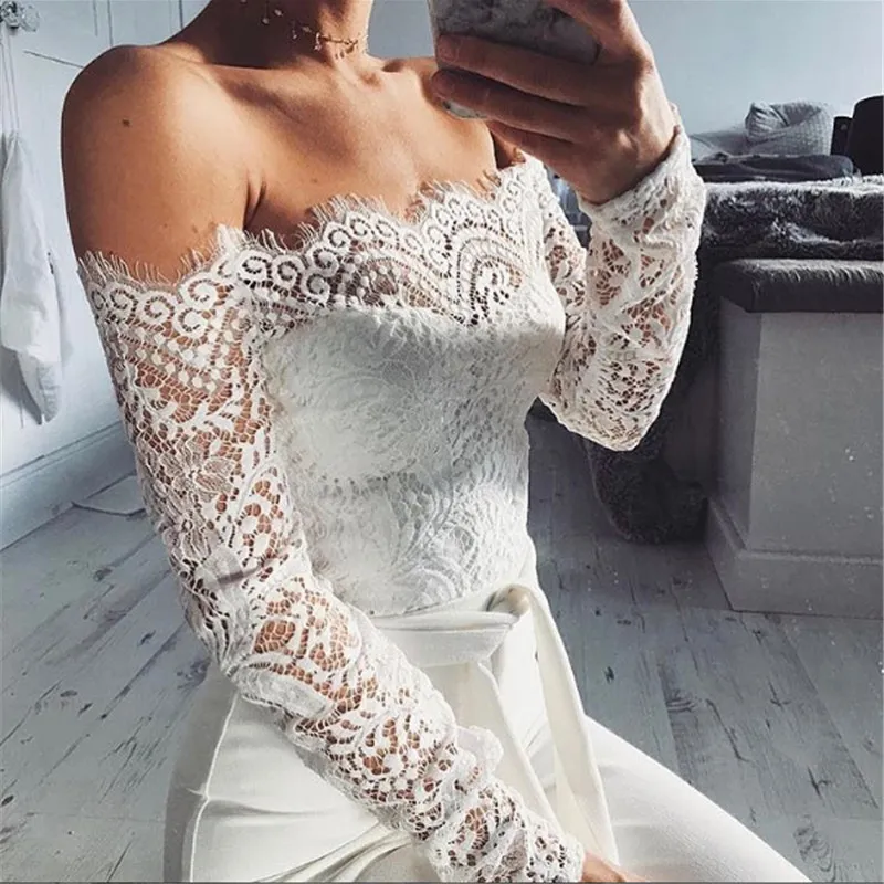 Women's Cotton A-Line Long-Sleeved Jumpsuit With Lace