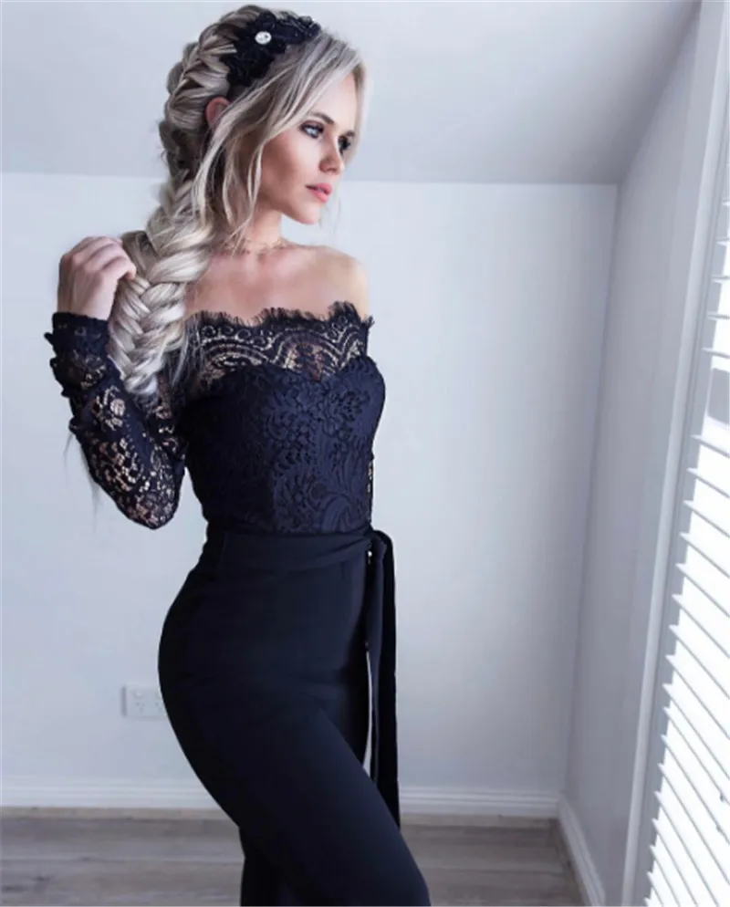 Women's Cotton A-Line Long-Sleeved Jumpsuit With Lace
