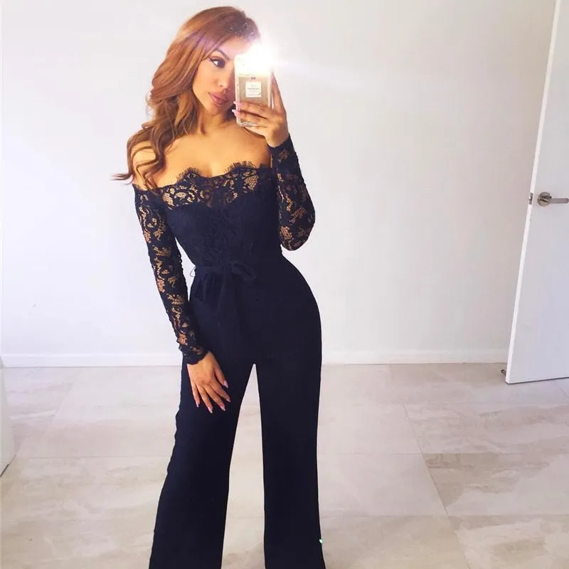 Women's Cotton A-Line Long-Sleeved Jumpsuit With Lace