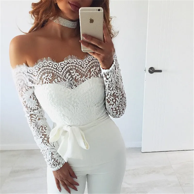 Women's Cotton A-Line Long-Sleeved Jumpsuit With Lace