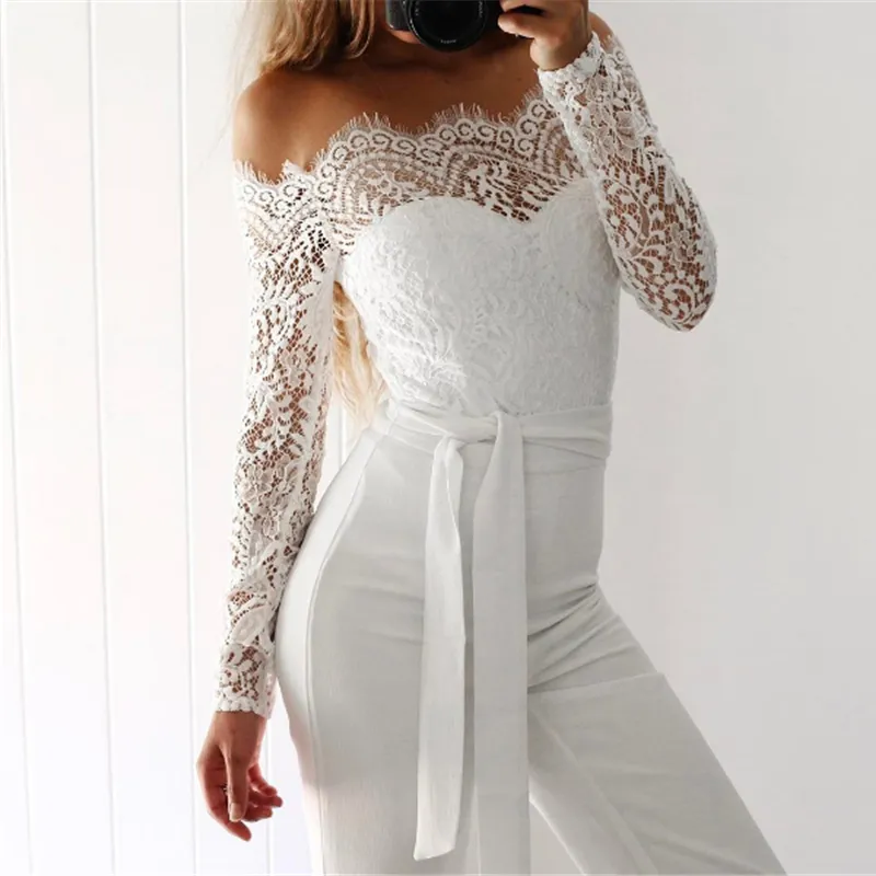 Women's Cotton A-Line Long-Sleeved Jumpsuit With Lace