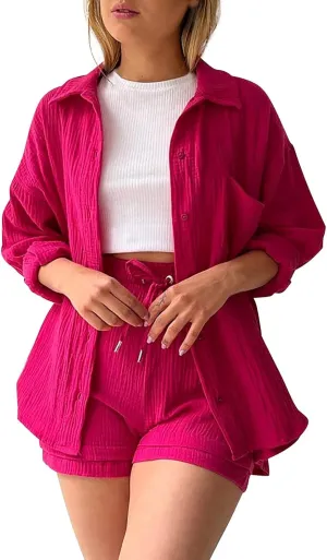 Womens Cotton Line 2 Piece Outfits Casual Long Sleeve Button Down Shirts and Shorts Pajama Set Tracksuit 2025