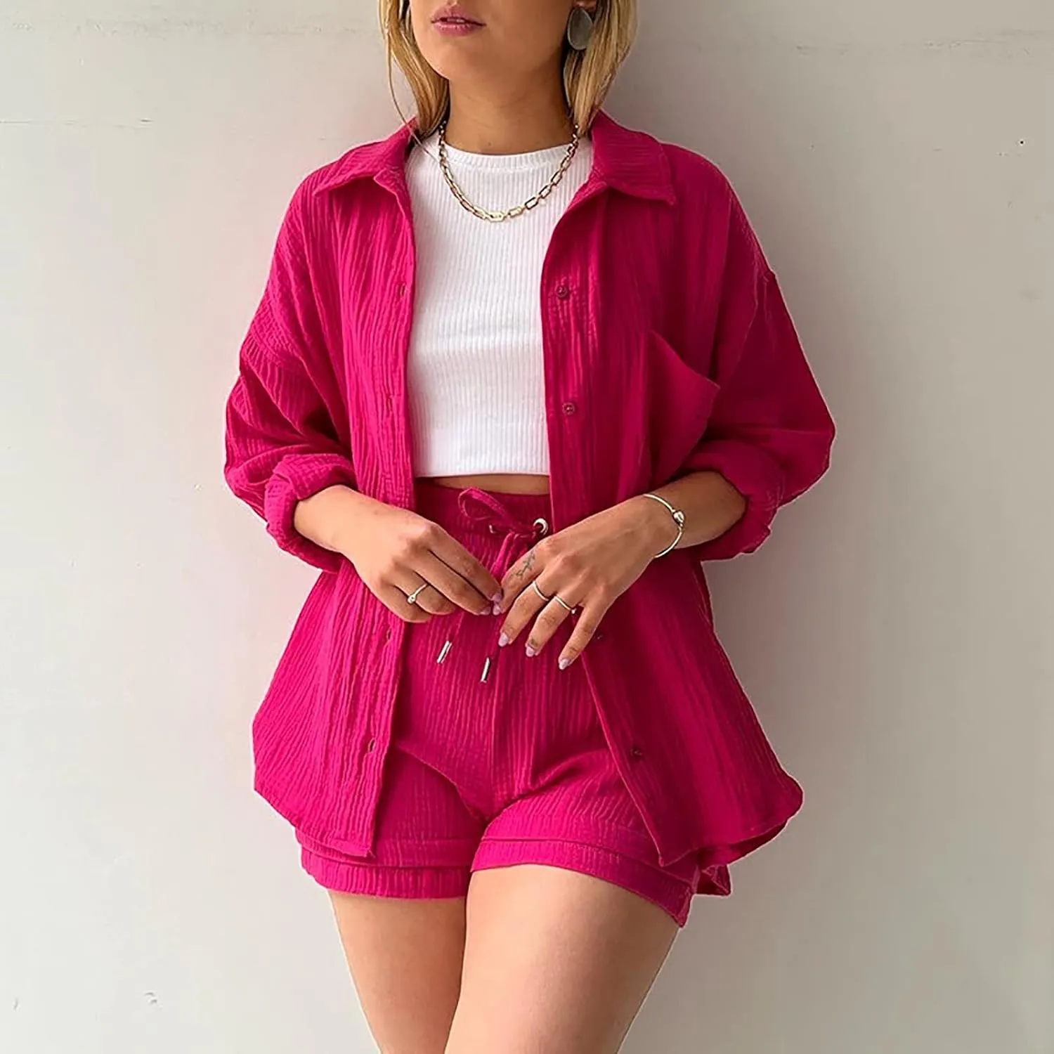 Womens Cotton Line 2 Piece Outfits Casual Long Sleeve Button Down Shirts and Shorts Pajama Set Tracksuit 2025