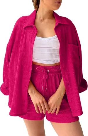 Womens Cotton Line 2 Piece Outfits Casual Long Sleeve Button Down Shirts and Shorts Pajama Set Tracksuit 2025