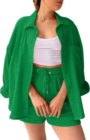 Womens Cotton Line 2 Piece Outfits Casual Long Sleeve Button Down Shirts and Shorts Pajama Set Tracksuit 2025