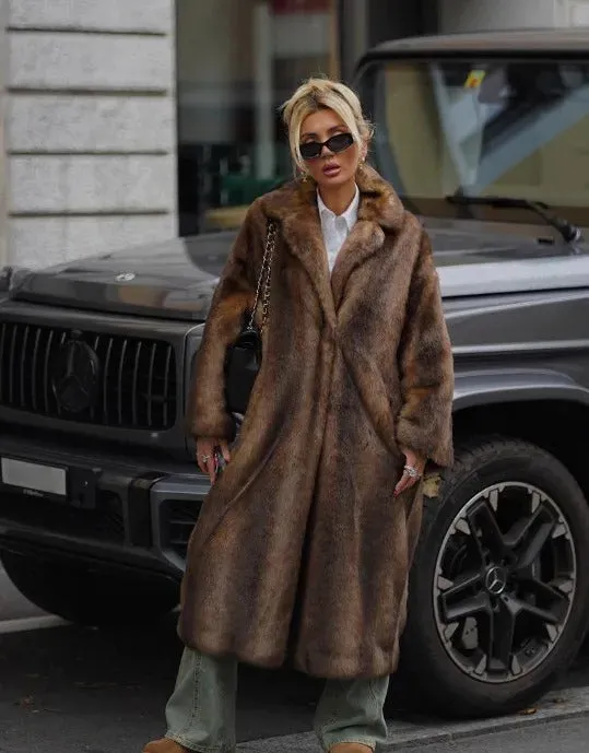 Women's Dark Brown Faux Fur Warm Long Coat Single Breasted Oversized Thickened Overcoat Winter Fluffy Plush Female Outerwear
