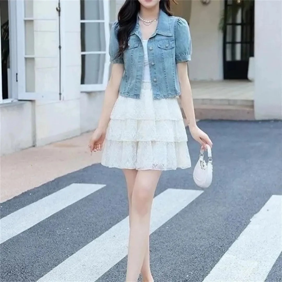 Women's Denim Outerwear Short-Sleeved Skirt Set Wear A Little Cowboy Shawl Over Jacket