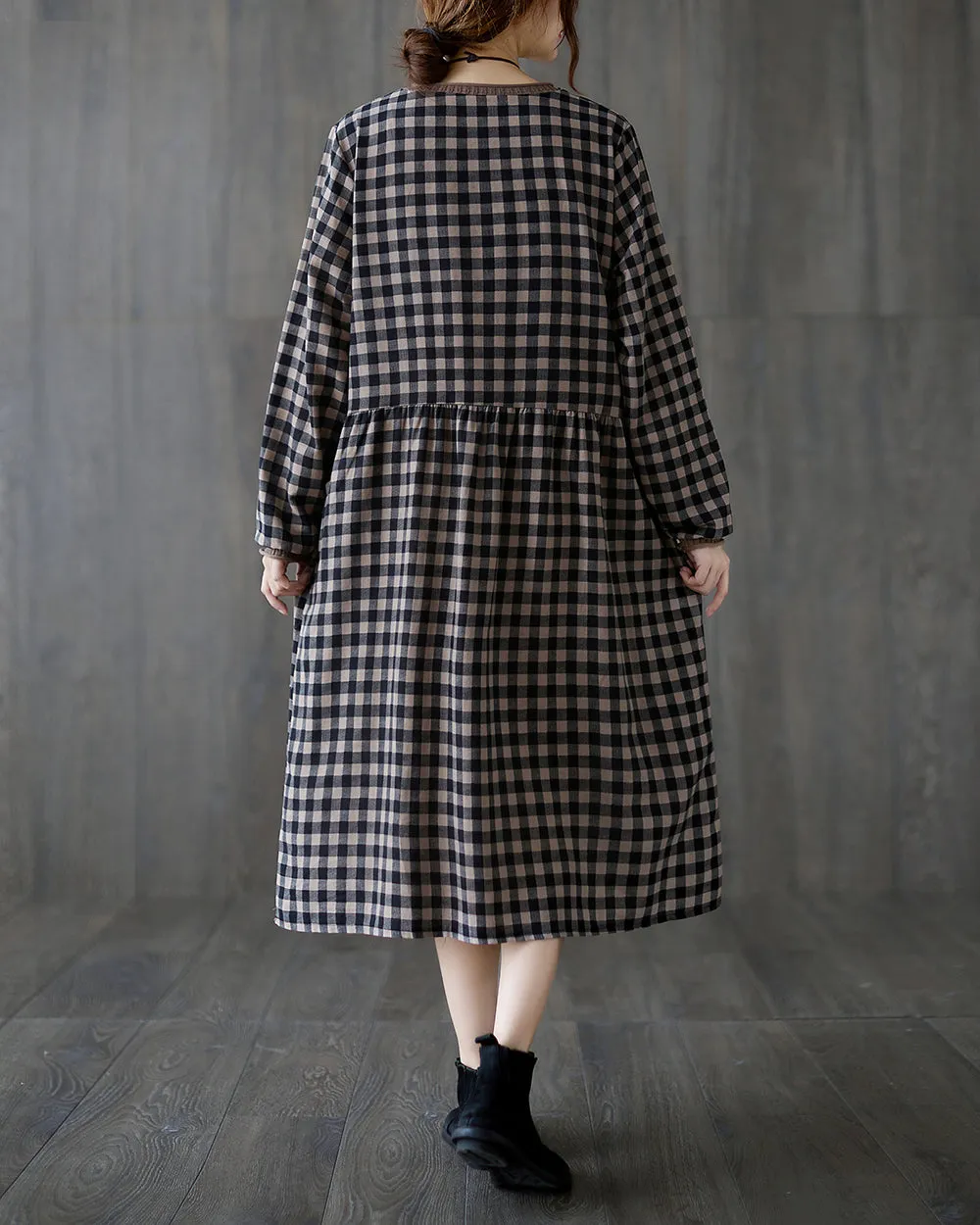 Women's Dress V-Neck Long Sleeve Blue and Brown Plaid Patchwork Below Knee Loose Oversize GA2764