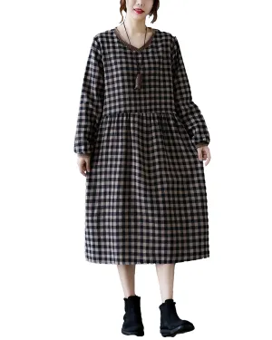 Women's Dress V-Neck Long Sleeve Blue and Brown Plaid Patchwork Below Knee Loose Oversize GA2764