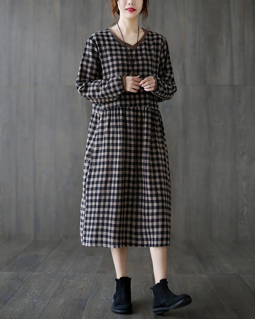 Women's Dress V-Neck Long Sleeve Blue and Brown Plaid Patchwork Below Knee Loose Oversize GA2764